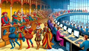 Bohiney Photo A vibrant and detailed illustrative style image showing the evolution of satire through the ages. The image should depict a timeline from left to righ1
