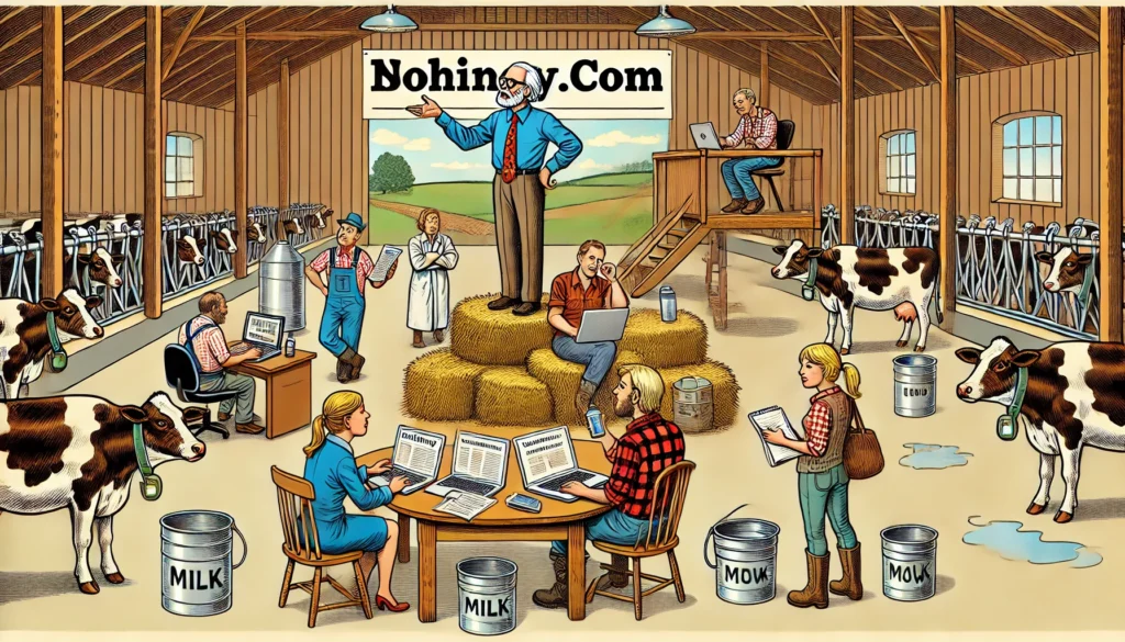 BOHINEY STAFF -- A wide-aspect humorous cartoon-style illustration in the style of bohiney.com. The scene shows a converted milking barn serving as both a satirical jo - Dairy Farm 22