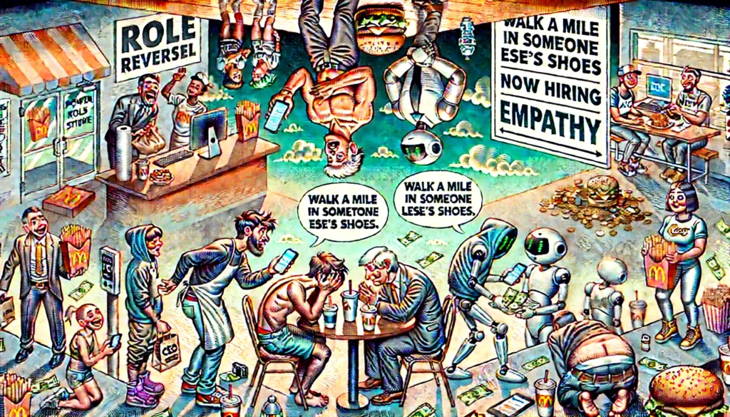 BOHINEY SATIRE - A wide, cartoon-style satirical illustration titled 'Role Reversal The Comedic Judo of Satire.' The scene shows a surreal upside-down world... - bohiney.com 1