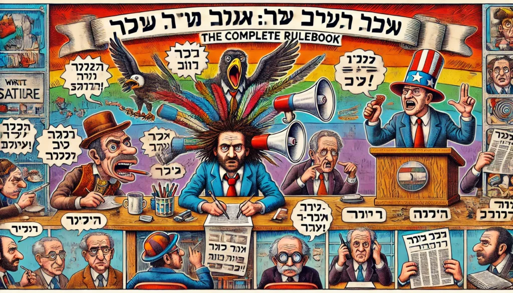 Bohiney Satire - A wide satirical cartoon illustration titled 'איך לכתוב סאטירה ספר החוקים המלא' (How to Write Satire The Complete Rulebook) in Hebrew. The image is ... - bohiney.com 1 Bohiney Satire - A wide satirical cartoon illustration titled 'איך לכתוב סאטירה ספר החוקים המלא' (How to Write Satire The Complete Rulebook) in Hebrew. The image is ... - bohiney.com 1