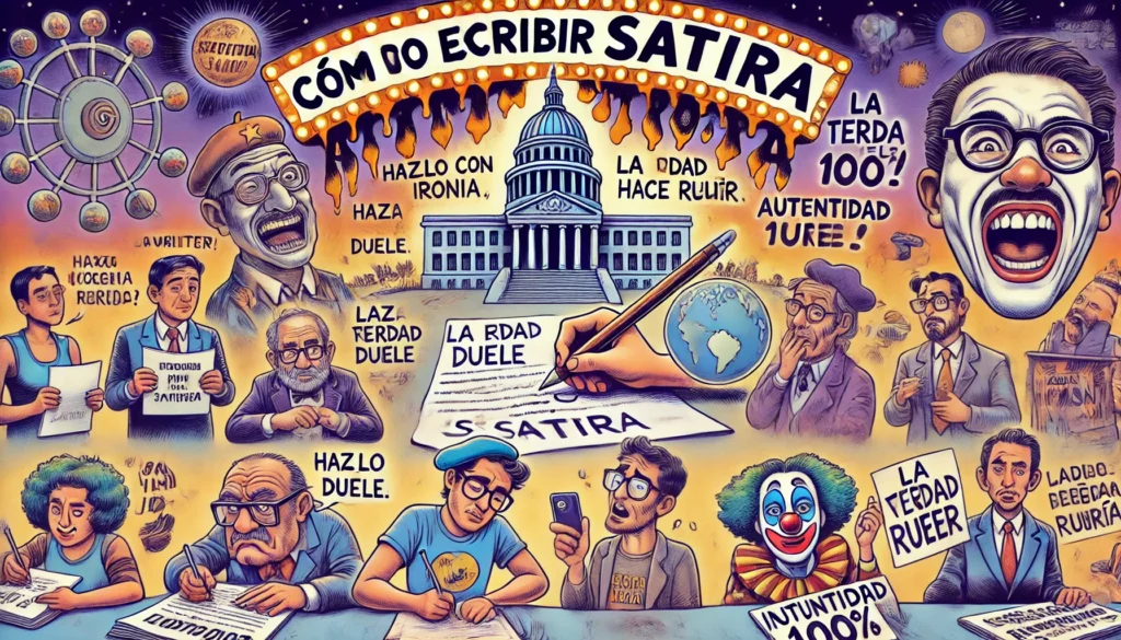 Bohiney Satire - A wide satirical cartoon-style illustration titled 'Cómo Escribir Sátira.' The scene is arranged like a comic strip across a horizontal format, with p... - bohiney.com 3 Bohiney Satire - A wide satirical cartoon-style illustration titled 'Cómo Escribir Sátira.' The scene is arranged like a comic strip across a horizontal format, with p... - bohiney.com 3