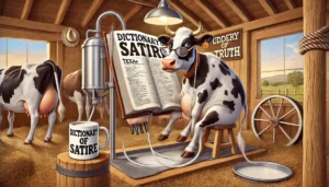 Dictionary of Satire - An style illustration of a Texas dairy cow inside a rustic milking stall. The cow sits calmly while a modern milking m... - bohiney.com 4 Bohiney Satirical Journalism -- An style illustration of a Texas dairy cow inside a rustic milking stall. The cow sits calmly while a modern milking m... - bohiney.com