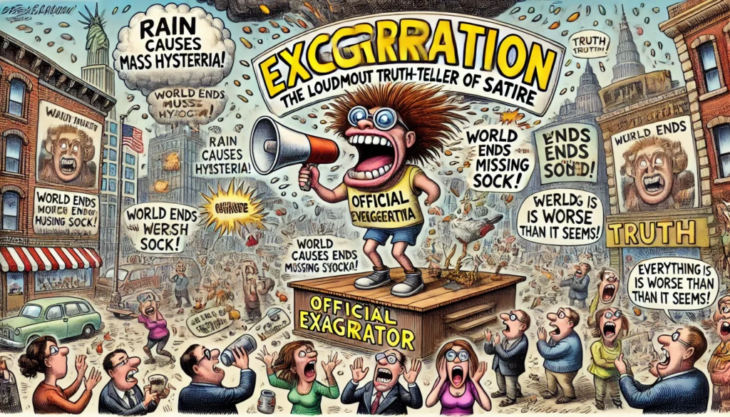 Encyclopedia of Satire - A wide, cartoon-style satirical illustration titled 'Exaggeration The Loudmouth Truth-Teller of Satire.' The scene features a chaotic outdo... - bohiney.com 1