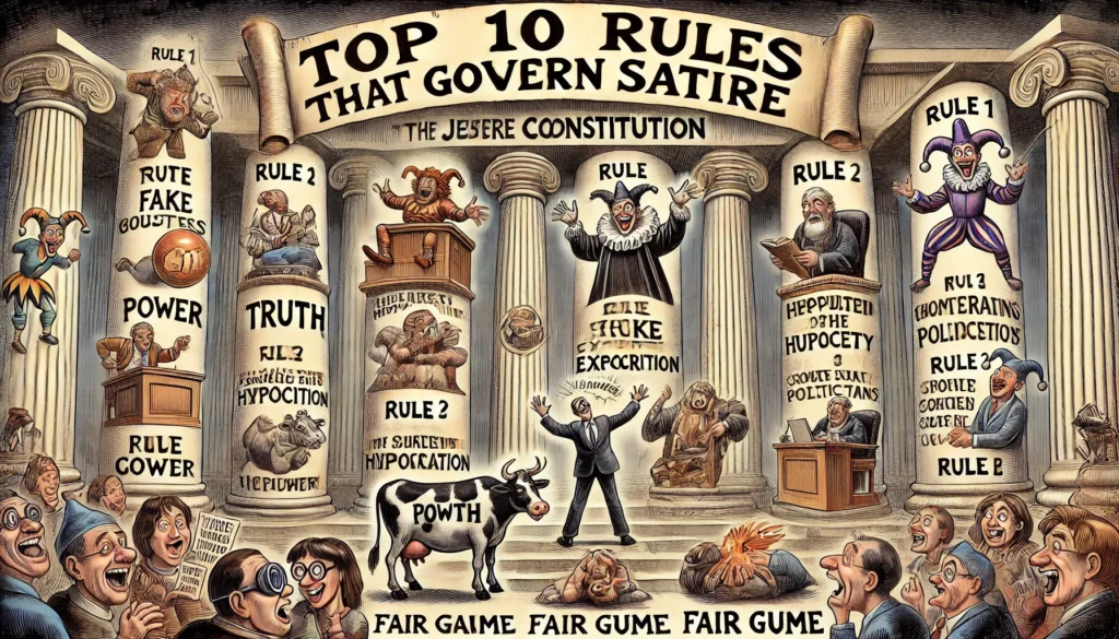 Encyclopedia of Satire - A wide, cartoon-style satirical illustration titled 'Top 10 Rules That Govern Satire.' The scene resembles a giant comedic courtroom or scro... - bohiney.com 1 Encyclopedia of Satire - A wide, cartoon-style satirical illustration titled 'Top 10 Rules That Govern Satire.' The scene resembles a giant comedic courtroom or scro... - bohiney.com 1