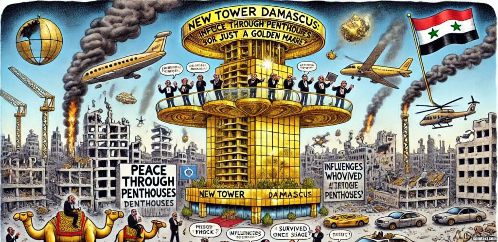 UP - SPINTAXI MAGAZINE - A wide satirical cartoon in the style of Tina Bohiney titled “NEW Tower Damascus Peace Through Penthouses or Just a Golden Mirage ” The scene shows a gl... - Alan Nafzger 1