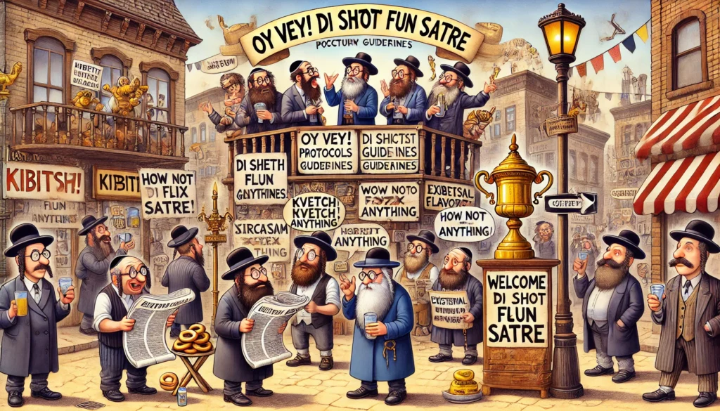 ווי אַזוי צו שרייבען סאַטירע אַ גאַנץ פירער- A wide cartoon-style satirical illustration with humorous Yiddish elements, titled 'Oy Vey! Di Shtot fun Satre' (Oh No! The City of Satire). The scene (1) ווי אַזוי צו שרייבען סאַטירע אַ גאַנץ פירער- A wide cartoon-style satirical illustration with humorous Yiddish elements, titled 'Oy Vey! Di Shtot fun Satre' (Oh No! The City of Satire). The scene (1)